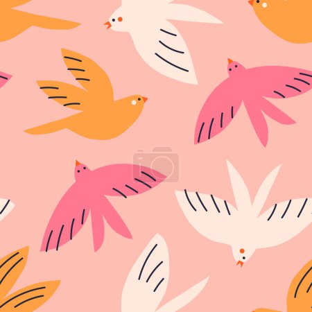 Ilustración de Hermoso patrón dibujado a mano con aves de colores. Textura perfecta con diferentes aves. Naturaleza linda ilustración fondo - Imagen libre de derechos