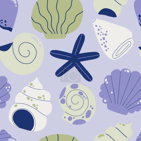 Illustration for Beautiful seamless vector pattern with hand drawn seashells. Abstract nautical texture with shells and starfish. Underwater coral background - Royalty Free Image