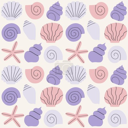 Ilustración de Lindo y simple patrón de vectores con diferentes conchas marinas en una fila. Textura sin costura dibujada a mano con conchas exóticas del océano. Hermoso fondo marino - Imagen libre de derechos