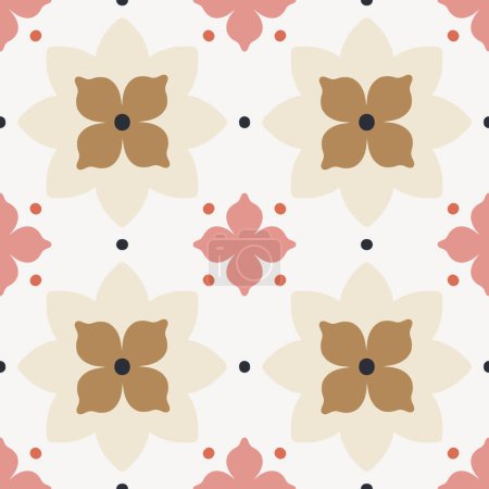 Illustration for Elegant modern seamless pattern with geometric floral tiles. Vector abstract texture in traditional ceramic tile style. Symmetrical background with flowers and dots - Royalty Free Image
