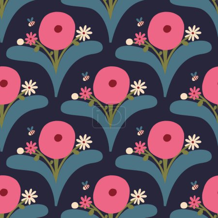 Illustration for Beautiful seamless floral pattern in retro style. Cute blossoming bouquet texture. Vector background with hand drawn flowers and bees - Royalty Free Image