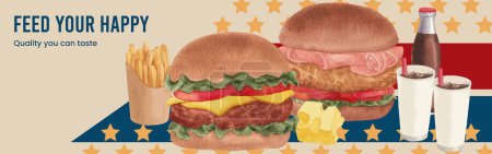 Téléchargez les illustrations : Modèle d'annonces Facebook avec le concept américain fastfood, aquarelle styl - en licence libre de droit