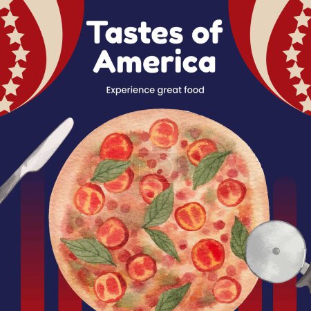 Téléchargez les illustrations : Modèle Instagram post avec concept américain fastfood, aquarelle styl - en licence libre de droit