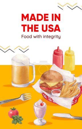 Téléchargez les illustrations : Modèle de carte d'invitation avec concept américain fastfood, aquarelle styl - en licence libre de droit
