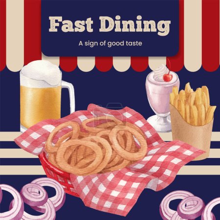 Instagram post plantilla con American fastfood concepto, estilo acuarela