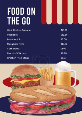 Menu template with American fastfood concept, watercolor styl