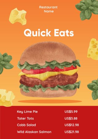 Menu template with American fastfood concept, watercolor styl