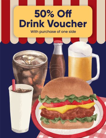 Téléchargez les illustrations : Modèle d'affiche avec concept de fastfood américain, aquarelle styl - en licence libre de droit