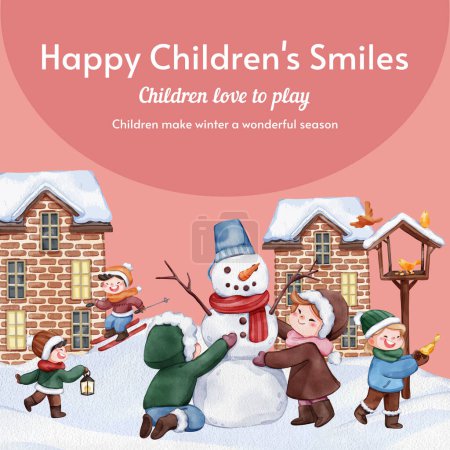 Photo pour Instgram post modèle avec les enfants profiter concept d'hiver, styl aquarelle - image libre de droit