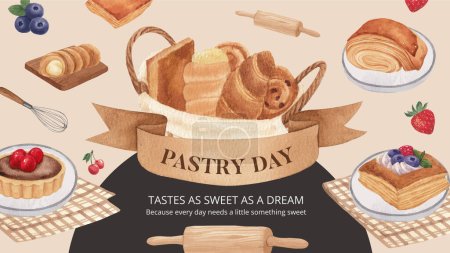 Téléchargez les illustrations : Modèle de bannière de blog avec concept de journée de pâtisserie, styl aquarelle - en licence libre de droit