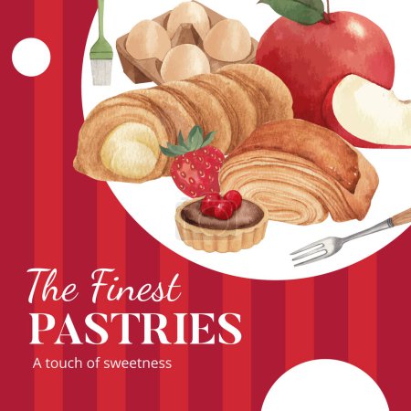 Téléchargez les illustrations : Modèle de message Instagram avec concept de journée de pâtisserie, styl aquarelle - en licence libre de droit