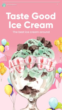 Modèle d'histoire Instagram avec concept de crème glacée sundae, aquarelle styl