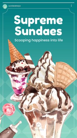 Téléchargez les illustrations : Modèle d'histoire Instagram avec concept de crème glacée sundae, aquarelle styl - en licence libre de droit