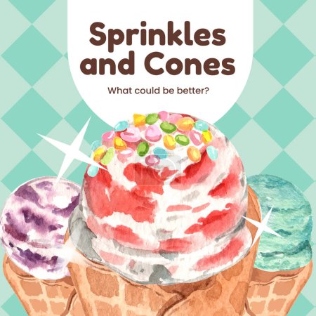 Téléchargez les illustrations : Instagram post modèle avec sundae concept de crème glacée, aquarelle styl - en licence libre de droit