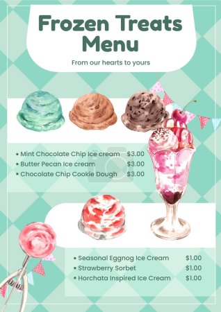 Téléchargez les illustrations : Modèle de menu avec concept de crème glacée sundae, aquarelle styl - en licence libre de droit