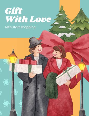 Téléchargez les photos : Modèle d'affiche avec concept hiver shopping, aquarelle styl - en image libre de droit