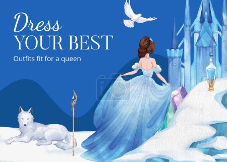 Illustration for Postcard template with prince winter fantasy concept,watercolor styl - Royalty Free Image