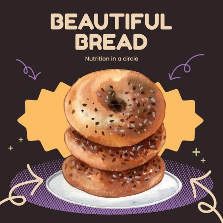 Ilustración de Instagram post plantilla con concepto de día de bagel, estilo acuarela - Imagen libre de derechos