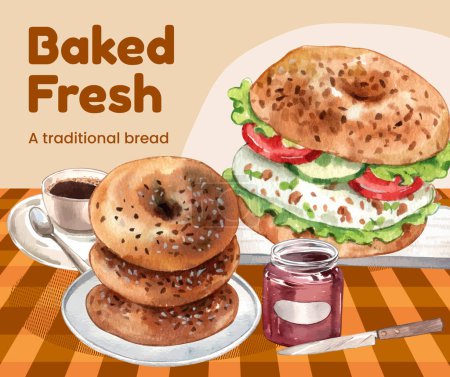 Illustration for Facebook post template with bagel day concept,watercolor styl - Royalty Free Image