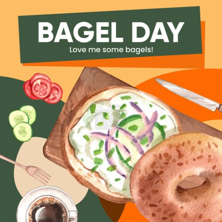 Instagram post template with bagel day concept,watercolor styl