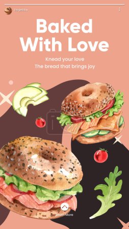 Instagram story template with bagel day concept,watercolor styl