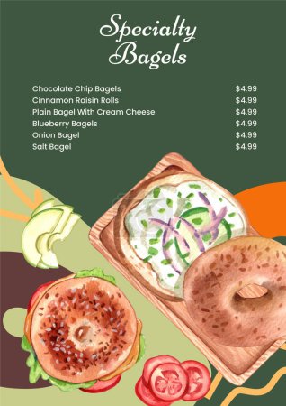 Ilustración de Plantilla de menú con concepto de día de bagel, estilo acuarela - Imagen libre de derechos