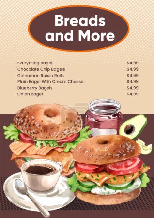 Illustration for Menu template with bagel day concept,watercolor styl - Royalty Free Image