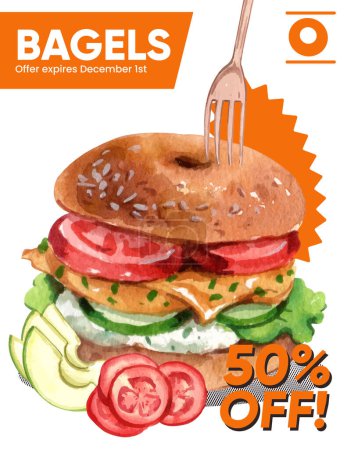 Ilustración de Plantilla de póster con concepto de día de bagel, estilo acuarela - Imagen libre de derechos