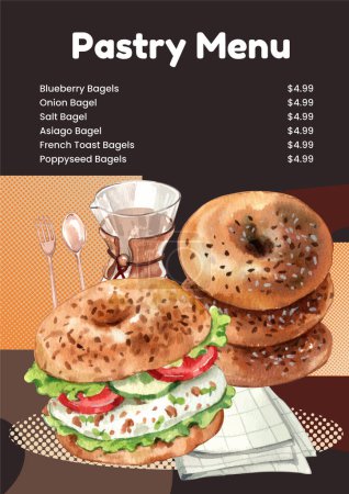 Téléchargez les illustrations : Modèle de menu avec concept de journée bagel, aquarelle styl - en licence libre de droit