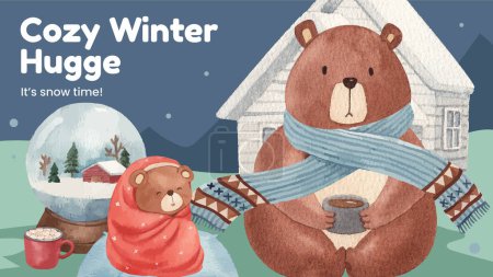 Téléchargez les photos : Modèle de bannière de blog avec concept de vie en hiver énorme, aquarelle styl - en image libre de droit