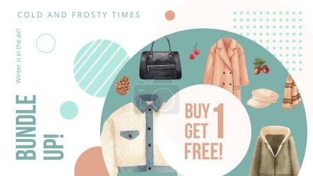 Illustration for Blog banner template with winter clothing essential concept,watercolor styl - Royalty Free Image