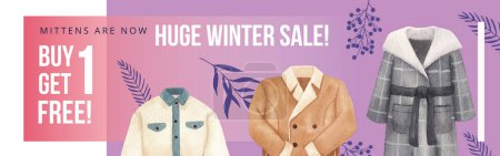 Téléchargez les photos : Modèle de message Facebook avec des vêtements d'hiver concept essentiel, aquarelle styl - en image libre de droit