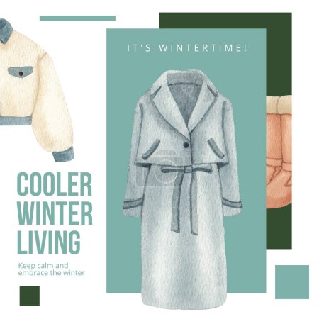 Téléchargez les illustrations : Instagram post modèle avec des vêtements d'hiver concept essentiel, styl aquarelle - en licence libre de droit