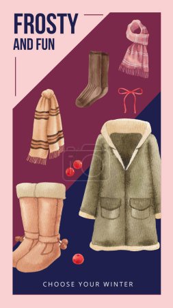 Instagram story template with winter clothing essential concept,watercolor styl