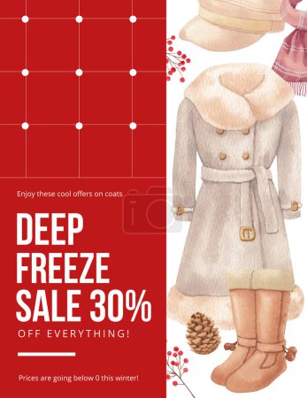 Illustration for Poster template with winter clothing essential concept,watercolor styl - Royalty Free Image