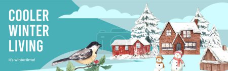 Facebook-Anzeigenvorlage mit wildem Dorfleben im Winterkonzept, Aquarell-Styling
