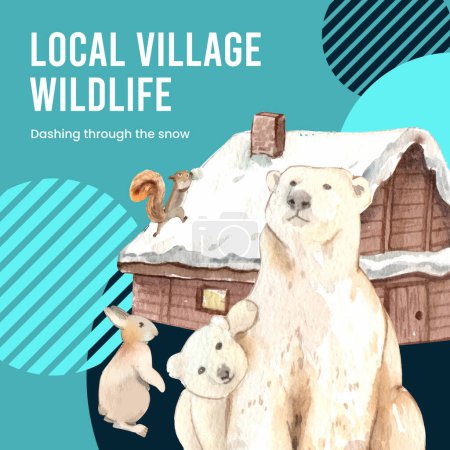 Téléchargez les photos : Modèle de message Facebook avec la vie sauvage du village en concept d'hiver, aquarelle styl - en image libre de droit