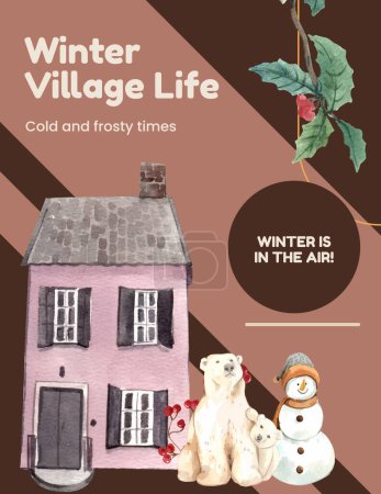 Poster template with wild village life in winter concept,watercolor styl