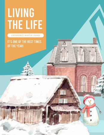 Téléchargez les photos : Modèle d'affiche avec la vie sauvage du village en concept d'hiver, aquarelle styl - en image libre de droit