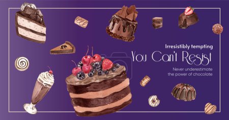Illustration for Facebook post template with chocolate dessert concept,watercolor styl - Royalty Free Image
