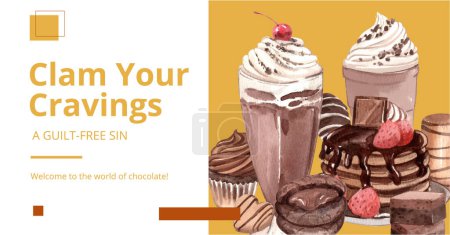 Téléchargez les photos : Modèle de message Facebook avec concept de dessert au chocolat, aquarelle styl - en image libre de droit