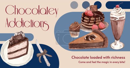 Téléchargez les illustrations : Modèle de message Facebook avec concept de dessert au chocolat, aquarelle styl - en licence libre de droit
