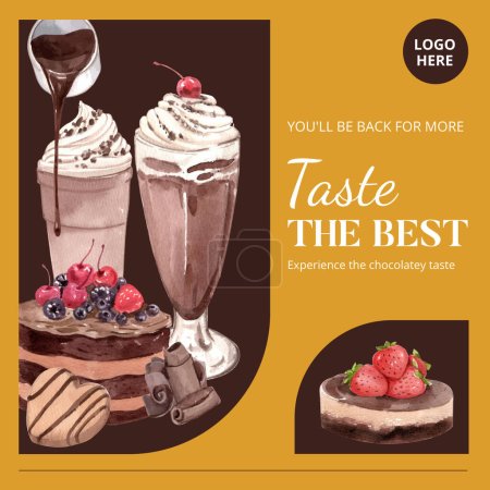 Illustration for Instagram post template with chocolate dessert concept,watercolor styl - Royalty Free Image