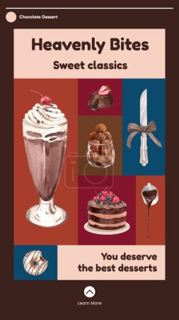 Illustration for Instagram story template with chocolate dessert concept,watercolor styl - Royalty Free Image