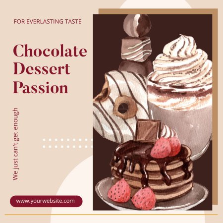 Illustration for Instagram post template with chocolate dessert concept,watercolor styl - Royalty Free Image