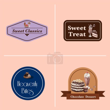 Téléchargez les illustrations : Modèle de logo avec concept de dessert au chocolat, aquarelle styl - en licence libre de droit