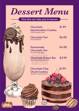 Téléchargez les photos : Modèle de menu avec concept de dessert au chocolat, aquarelle styl - en image libre de droit