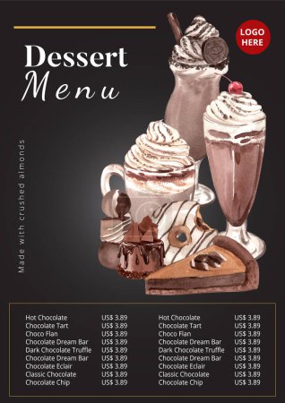 Téléchargez les photos : Modèle de menu avec concept de dessert au chocolat, aquarelle styl - en image libre de droit
