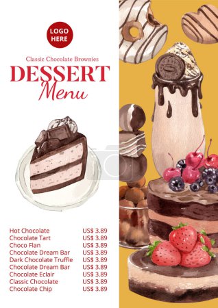Illustration for Menu template with chocolate dessert concept,watercolor styl - Royalty Free Image