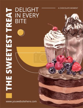 Téléchargez les photos : Modèle d'affiche avec concept de dessert au chocolat, aquarelle styl - en image libre de droit